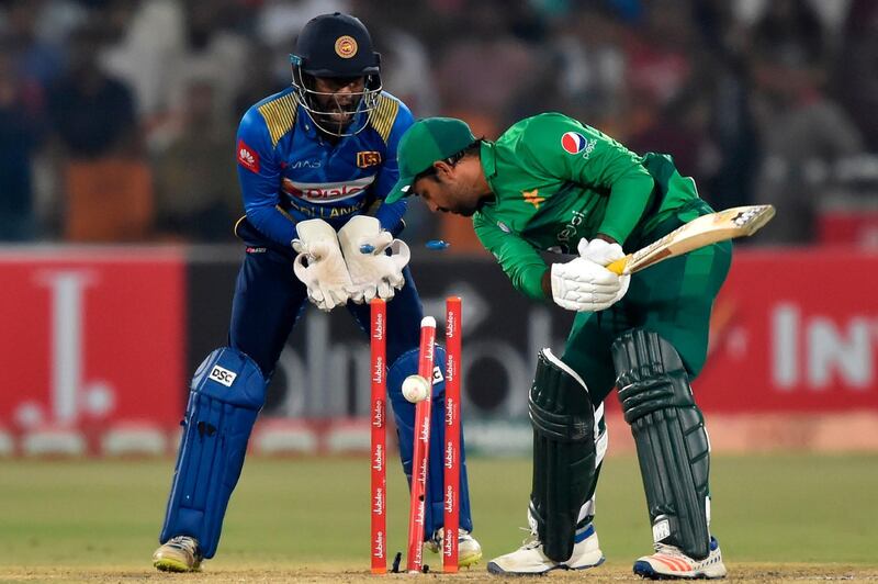 Pakistan captain Sarfraz Ahmed is bowled by Wanindu Hasaranga. AFP