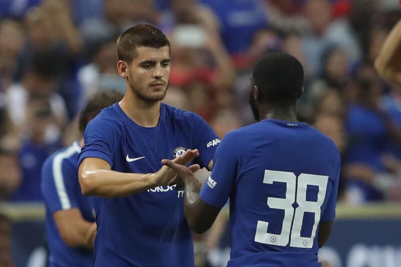 SINGAPORE - JULY 25:  Alvaro Morata of Chelsea is substituted by Jeremie Boga  during the International Champions Cup 2017 match between Bayern Muenchen and Chelsea FC at National Stadium on July 25, 2017 in Singapore, Singapore.  (Photo by Alexander Hassenstein/Bongarts/Getty Images)