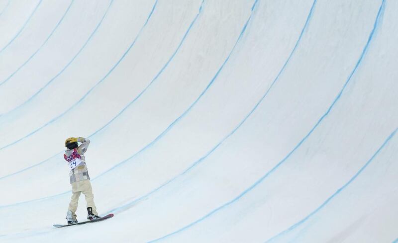 Taylor Gold of the US reacts after falling during the men's snowboard halfpipe semi-final event at the 2014 Sochi Winter Olympic Games, in Rosa Khutor on Tuesday. Lucas Jackson / Reuters