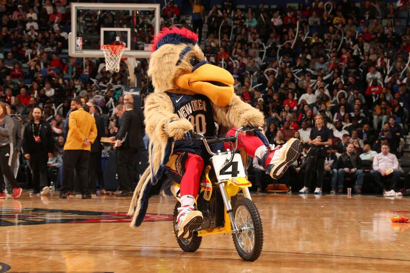 NEW ORLEANS, LA - JANUARY 31: The New Orleans Pelicans mascot rides across the floor on a mini bike during the game against the Memphis Grizzlies on January 31, 2020 at the Smoothie King Center in New Orleans, Louisiana. NOTE TO USER: User expressly acknowledges and agrees that, by downloading and or using this Photograph, user is consenting to the terms and conditions of the Getty Images License Agreement. Mandatory Copyright Notice: Copyright 2020 NBAE   Layne Murdoch Jr./NBAE via Getty Images/AFP