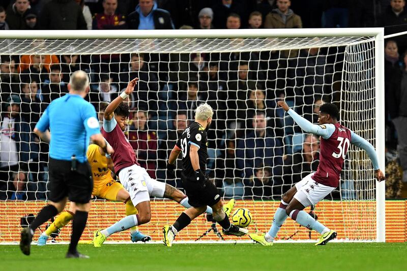 BIRMINGHAM, ENGLAND - JANUARY 12: Sergio Aguero of Manchester CIty scores his sides fifth goal during the Premier League match between Aston Villa and Manchester City at Villa Park on January 12, 2020 in Birmingham, United Kingdom. (Photo by Justin Setterfield/Getty Images)