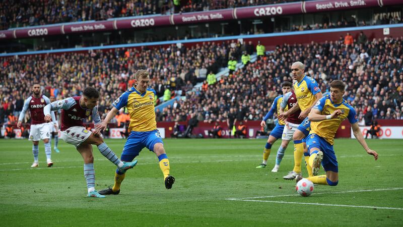 Philippe Coutinho scores Aston Villa's third goal against Southampton at Villa Park. Getty