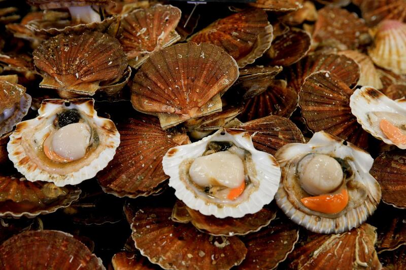 FILE PHOTO: Scallops are seen on a market stall during an annual celebration of scallops in Port-en-Bessin, France, November 12, 2017. Picture taken November 12, 2017. REUTERS/Pascal Rossignol/File Photo
