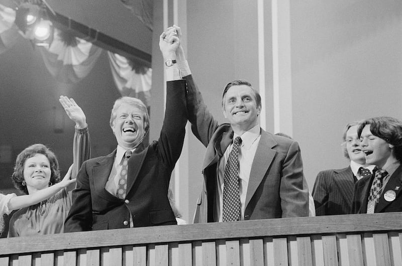 Jimmy Carter and Walter Mondale at the Democratic National Convention at Madison Square Garden in New York City, July 15, 1976. Library of Congress/Warren K Leffler/Handout/File Photo via Reuters