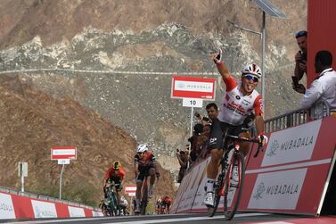 Caleb Ewan of Team Lotto Soudal celebrates after crossing the finish line to win Stage 4 of the UAE Tour in Hatta. AFP