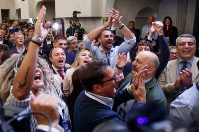 Brothers of Italy supporters celebrate the election results in Rome early on Monday. AP 