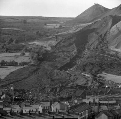 The aftermath of the landslide that destroyed Pantglas Junior School and houses in Aberfan, killing 144 people. PA 