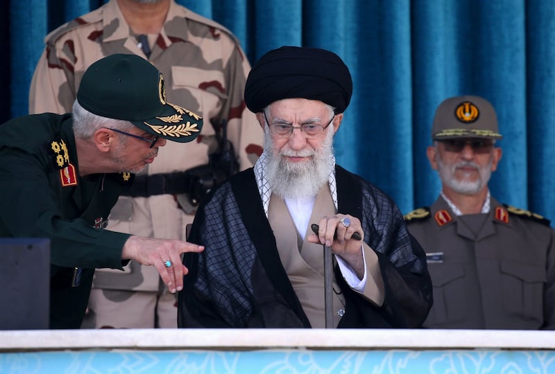 Iran's Supreme Leader Ayatollah Ali Khamenei attending a joint graduation ceremony for cadets of armed forces academies in Tehran. KHAMENEI. IR / AFP