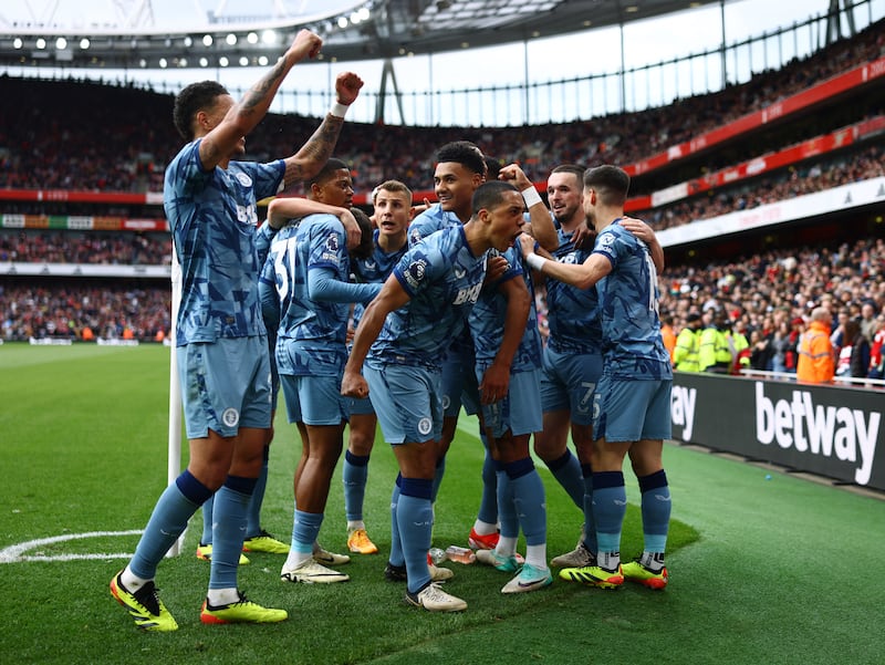 Aston Villa's Ollie Watkins celebrates scoring their second goal with teammates. Reuters
