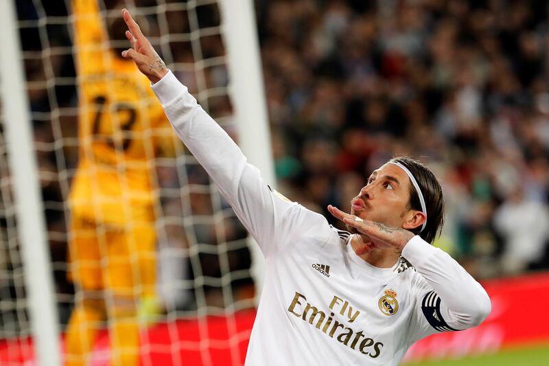 Real Madrid's defender Sergio Ramos celebrates after scoring the penalty spot to make it 2-1. EPA