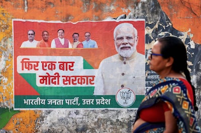 An election poster for India's ruling Bharatiya Janata Party featuring Prime Minister Narendra Modi, in Varanasi, in the northern state of Uttar Pradesh. AFP
