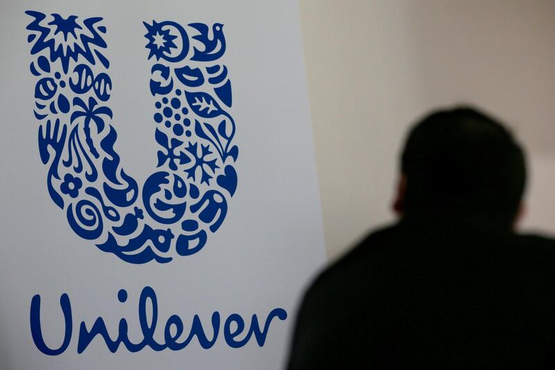 FILE PHOTO: The logo of the Unilever group is seen at the Miko factory in Saint-Dizier, France, May 4, 2016. REUTERS/Philippe Wojazer/File Photo