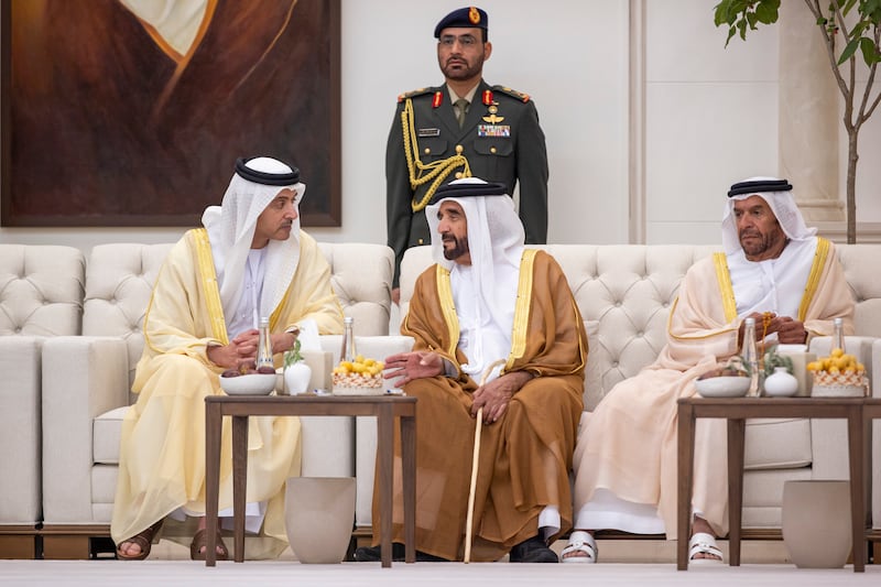 Sheikh Mansour bin Zayed, Vice President, Deputy Prime Minister and Minister of the Presidential Court, and Sheikh Khaled bin Mohamed bin Zayed, Crown Prince of Abu Dhabi, on Friday received at Mushrif Palace, crown princes and deputy rulers of the emirates, as well as other sheikhs and well-wishers, who came to greet them on Eid Al Fitr. 