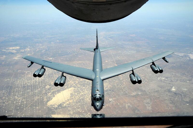 Handout file photo dated May 15, 2014 of A B-52 Stratofortress assigned to the 307th Bomb Wing, Barksdale Air Force Base, La., approaches the refueling boom of a KC-135 Stratotanker from the 931st Air Refueling Group, McConnell Air Force Base. The United States flew strategic bombers over the Persian Gulf on Wednesday for the second time this month, a show of force meant to deter Iran from attacking American or allied targets in the Middle East. U.S. Air Force photo by Airman 1st Class Victor J. Caputo via ABACAPRESS.COM