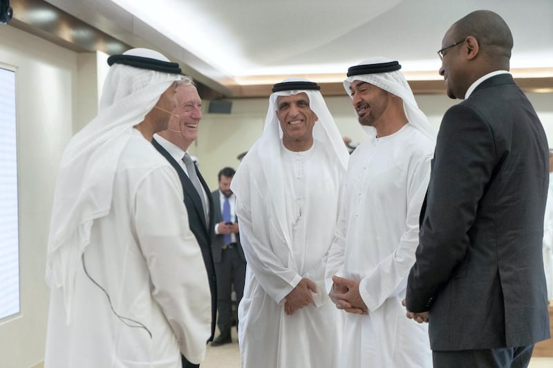 ABU DHABI, UNITED ARAB EMIRATES - May 20, 2019: HH Sheikh Mohamed bin Zayed Al Nahyan, Crown Prince of Abu Dhabi and Deputy Supreme Commander of the UAE Armed Forces (2nd R), speaks with James Mattis, Former US Secretary of Defense (2nd L) after his lecture, titled: 'The Value of the UAE - US Strategic Relationship', at Majlis Mohamed bin Zayed. Seen with HE Yousef Al Otaiba, UAE Ambassador to the USA and Mexico (L), HH Sheikh Saud bin Saqr Al Qasimi, UAE Supreme Council Member and Ruler of Ras Al Khaimah (3rd L) and HE Boubou Cisse, Prime Minister of Mali (R).

( Rashed Al Mansoori / Ministry of Presidential Affairs )
---