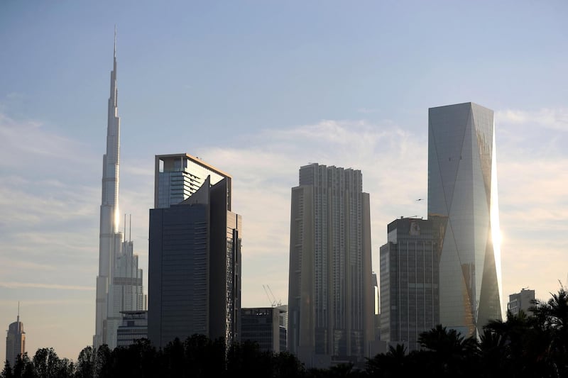 Dubai, United Arab Emirates - Reporter: N/A. Stock. Stock images of the Dubai skyline at sunset. Monday, March 15th, 2021. Dubai. Chris Whiteoak / The National