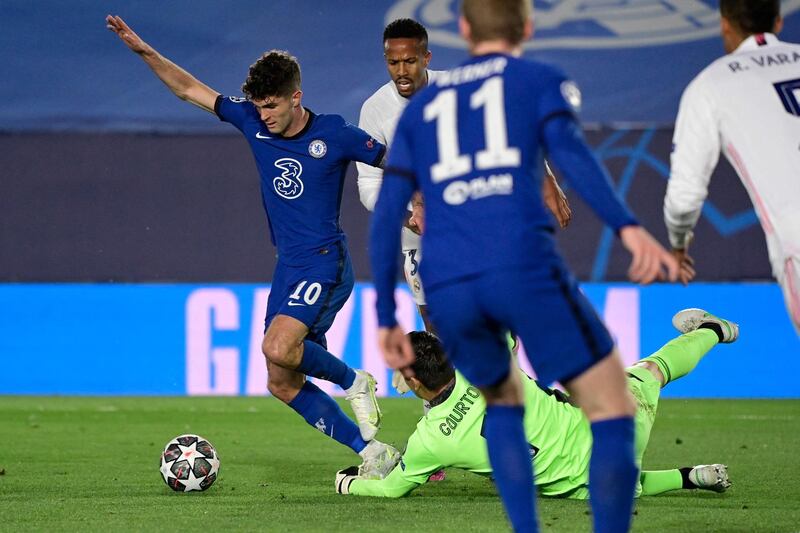 Chelsea forward Christian Pulisic scores during the UEFA Champions League semi-final first leg against Real Madrid at the Alfredo di Stefano Stadium in Valdebebas, on the outskirts of Madrid. AFP