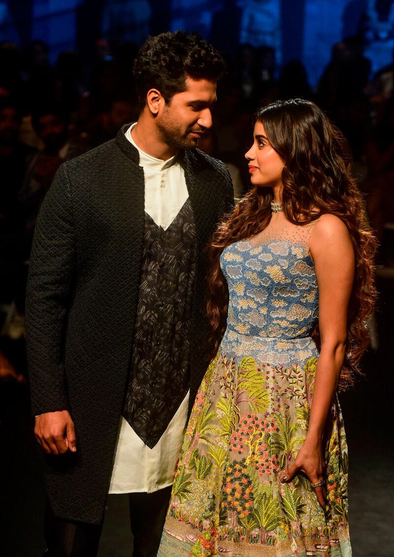 Vicky Kaushal and actress Janhvi Kapoor at the Lakme Fashion Week 2020 Summer Resort fashion show in Mumbai.  AFP