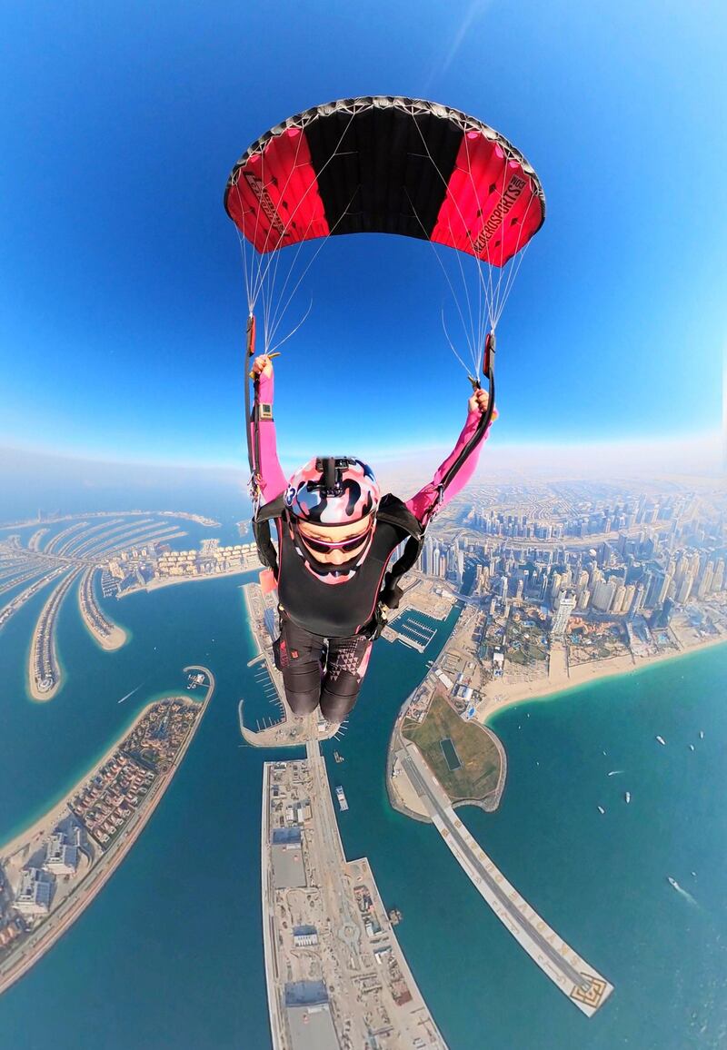 Naumova skydives above the Palm Jumeirah in Dubai