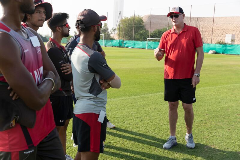 Desert Vipers director of cricket Tom Moody, right, speaks to aspiring cricketers during a team training session. The Vipers franchise will take part in the upcoming ILT20 League to be held in the UAE. All photos: Antonie Robertson / The National
