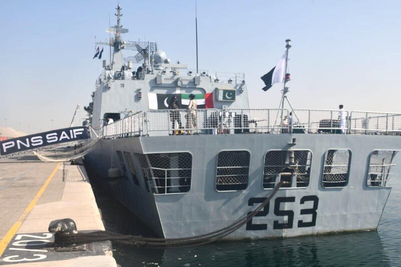 The guided-missile frigate PNS Saif in Port Rashid on Saturday. The vessel is deployed on anti-piracy operations in the region. Courtesy: Consulate-General of Pakistan