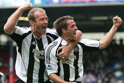 Alan Shearer, left, in his Newcastle playing days, celebrating with fellow striker Michael Owen. The club could do with their goals now. 