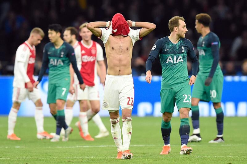 Ajax's Moroccan midfielder Hakim Ziyech, centre, reacts after the 3-2 defeat to Tottenham. AFP