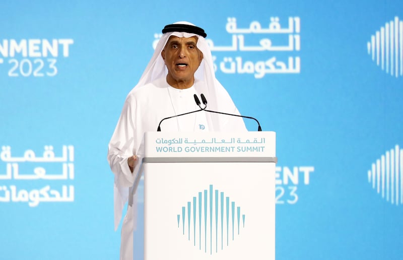 Sheikh Saud bin Saqr Al Qasimi, Ruler of Ras Al Khaimah, addresses delegates at the summit. Pawan Singh / The National
