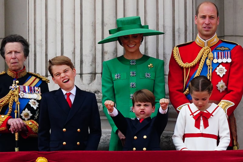 From left: Anne, Princess Royal, Prince George, Prince Louis, the Princess of Wales, the Prince of Wales and Princess Charlotte on the balcony of Buckingham Palace. PA