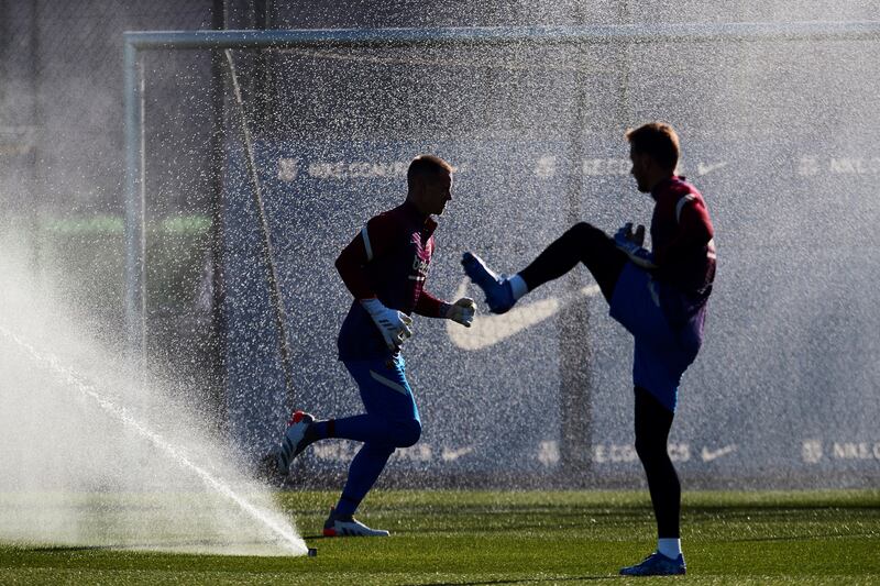 Barcelona goalkeepers Marc-Andre ter Stegen, left, and Neto Murara during training. EPA