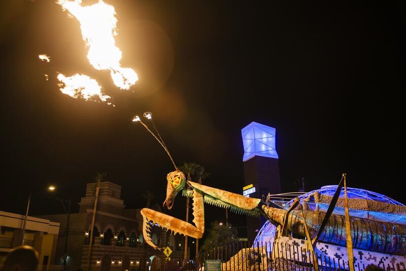 The 12-metre-tall model of a praying mantis at the entrance to the Downtown Container Park in Las Vegas. It shoots flames six storeys high. Getty Images
