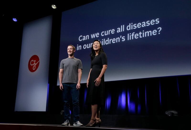 FILE- In this Sept. 20, 2016, file photo, Facebook CEO Mark Zuckerberg and his wife, Priscilla Chan, prepare for a speech in San Francisco. The Giving USA report, released Tuesday, June 12, 2018, said giving from individuals, estates, foundations and corporations reached an estimated $410 billion in 2017. The biggest increase was in giving to foundations, up 15.5 percent. This surge was driven by large gifts by major philanthropists to their own foundations, including $2 billion from Zuckerberg and Chan. (AP Photo/Jeff Chiu, File)