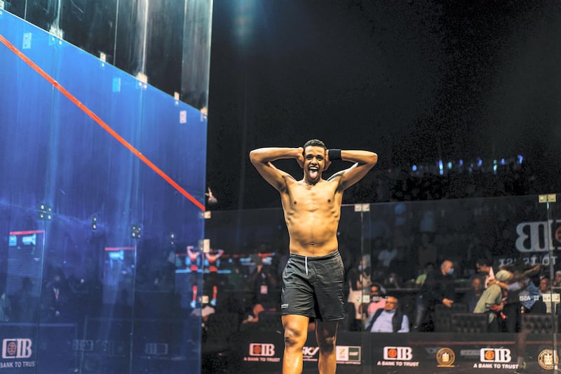 A 19-year-old Egyptian (a junior world champion) went nuts after winning a match against Paul Coll; he took off his shirt and celebrated like it was a football game. courtesy: PSA World Tour Twitter
