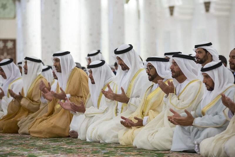 Sheikh Mohammed bin Zayed, Crown Prince of Abu Dhabi and Deputy Supreme Commander of the Armed Forces, Sheikh Saif bin Zayed, Deputy Prime Minister and Minister of Interior, Sheikh Hazza bin Zayed, Vice Chairman of the Abu Dhabi Executive Council, Sheikh Saeed bin Zayed, Abu Dhabi Ruler’s Representative and Sheikh Nahyan bin Zayed, Chairman of the Board of Trustees of Zayed bin Sultan Al Nahyan Charitable and Humanitarian Foundation, Sheikh Mohammed bin Butti Al Hamed, Sheikh Suroor bin Mohammed, Sheikh Saif bin Mohammed, attend Eid Al Adha prayers at the Sheikh Zayed Grand Mosque. Ryan Carter / Crown Prince Court – Abu Dhabi