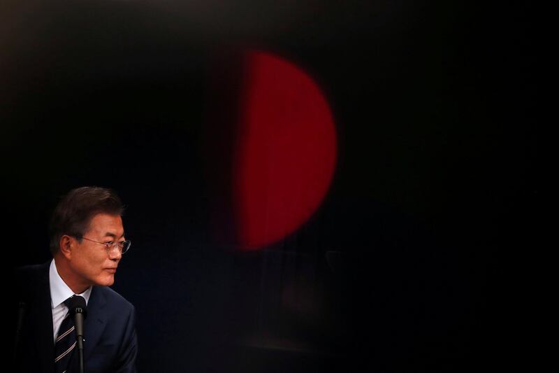 FILE PHOTO: South Korean President Moon Jae-in speaks during a news conference at the Presidential Blue House in Seoul, South Korea, May 27, 2018.   REUTERS/Kim Hong-Ji/File Photo