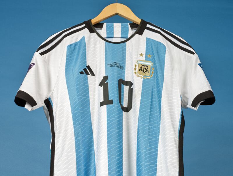 The jersey Messi wore during the first half of the 2022 World Cup final against France. Photo: Sotheby's
