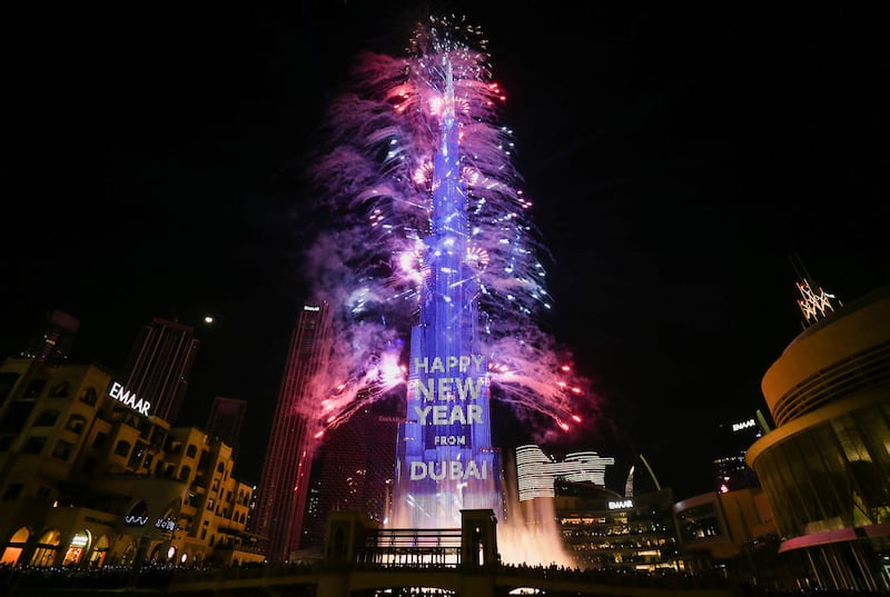Fireworks explode from Burj Khalifa to ring in the new year.  Reuters