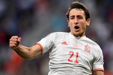 Spain's Mikel Oyarzabal celebrates his decisive goal in the penalty shootout, during the Euro 2020 soccer championship quarterfinal match between Switzerland and Spain, at the Saint Petersburg stadium in Saint Petersburg, Friday, July 2, 2021.  (Kirill Kudryavtsev, Pool via AP)