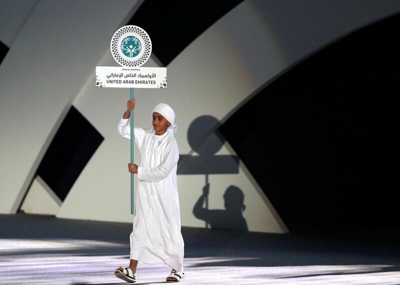 Abu Dhabi, United Arab Emirates - March 17th, 2018: UAE Athletes enter. The Opening Ceremony of the Special Olympics Regional Games. Saturday, March 17th, 2018. ADNEC, Abu Dhabi. Chris Whiteoak / The National