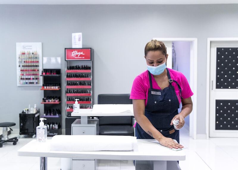DUBAI, UNITED ARAB EMIRATES. 12 MARCH 2020. 
Crystal Beauty Lounge sanitize the salon, as they are taking extra precautions amid coronavirus outbreak.

(Photo: Reem Mohammed/The National)

Reporter:
Section: