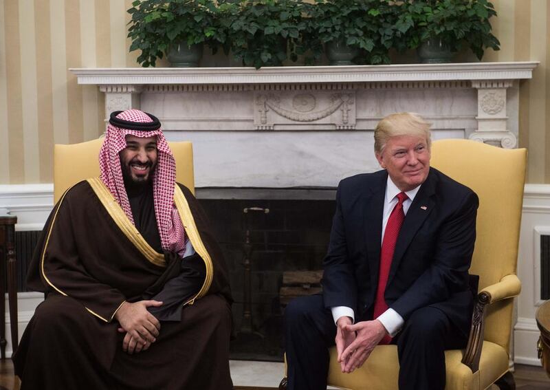US president Donald Trump and Saudi Deputy Crown Prince and Defence Minister Mohammed bin Salman speaking to the media in the Oval Office at the White House in Washington, DC, on March 14, 2017. Nicholas Kamm/AFP 