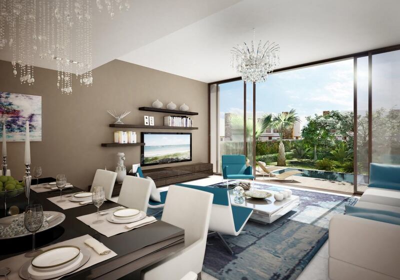 Town House Dining and Living Room 'Akoya by DAMAC. US tycoon Donald Trump announced he would be fronting Damac's 7,205 yard par 71 Trump International Golf Course located off Umm Seqeim Road next to Dubai Properties Group's Mudon project. Rendering courtesy Damac