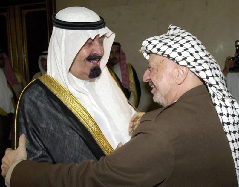 Palestinian Authority President Yasser Arafat right with Abdullah in Jeddah. Omar Al Rashidi / AFP Phoyo