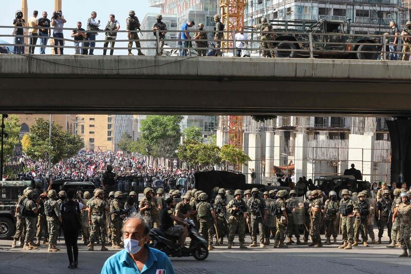 Lebanese soldiers stand guard during the demonstration in central Beirut.  AFP