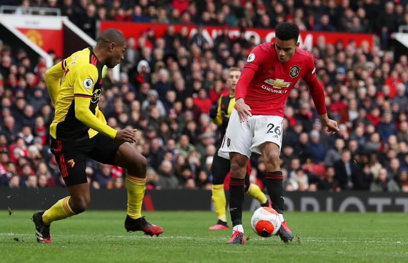 Manchester United's Mason Greenwood scores the third goal on Sunday. Reuters