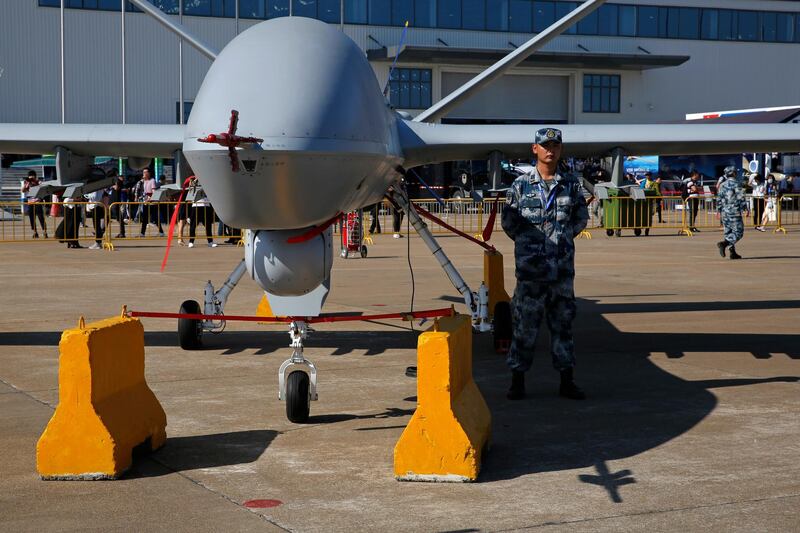China's GJ-2 unmanned aerial vehicle is displayed during the 12th China International Aviation and Aerospace Exhibition. AP Photo