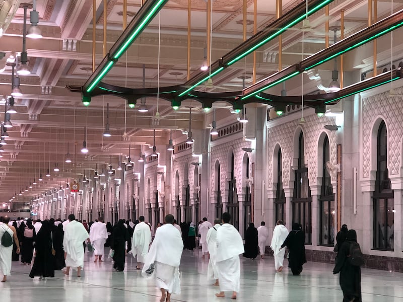 Pilgrims adhere to social distancing in the Grand Mosque in Makkah, Saudi Arabia.