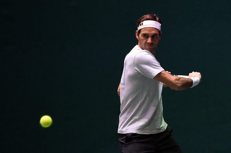 Switzerland's Roger Federer attends a training session during the ATP World Tour Masters 1000 - Rolex Paris Masters - indoor tennis tournament at The AccorHotels Arena in Paris, on October 30, 2018. / AFP / Anne-Christine POUJOULAT            
