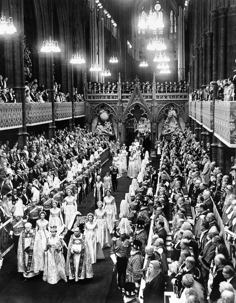 Queen Elizabeth at her coronation in Westminster Abbey. 