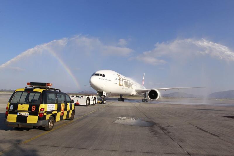 A traditional water cannon salute for Emirates' inaugural US flight via Greece at Athens International Airport. Courtesy Emirates